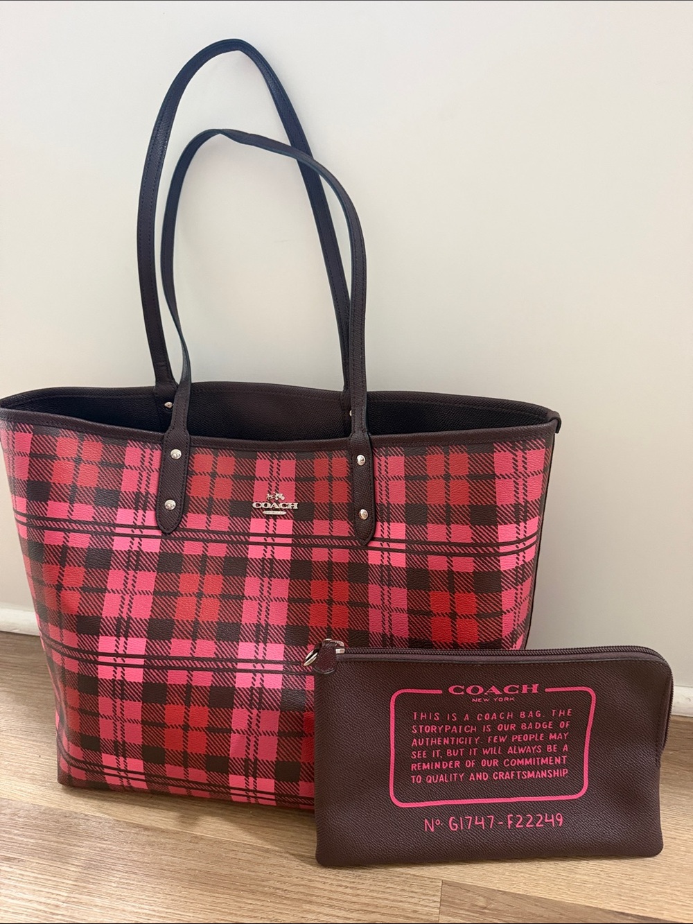 Coach F22249 Reversible Coated Canvas Shadow Plaid Tote Bag Pink Red Clutch